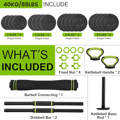 44/66/88Lb Dumbbell Sets Adjustable Weights, Free Weights Dumbbells Set for Home Gym - color: Green-Round, size: 88 LBS
