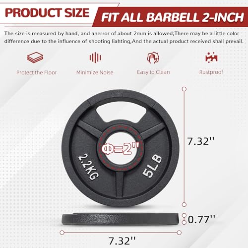 Fitvids 2-Inch Olympic and 1-Inch Standard Cast Iron Weight Plate for Strength Training & Weightlifting, Multiple Weights Available - color: Olympic (2-Inch Center), style: 5LB Set of 4