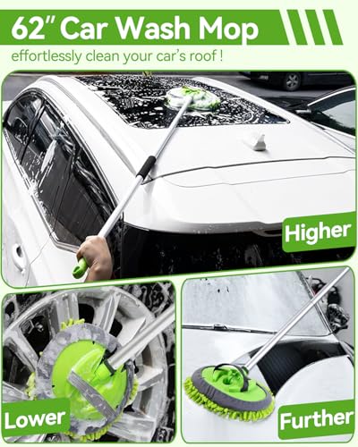 62’’ Car Wash Brush Kit with 2 Replacement Head Covers, Microfiber Car Washing Kit with Long Handle, Car Wash Mop for Cars RV Truck Exterior - color: Car Wash Kit 3PCS