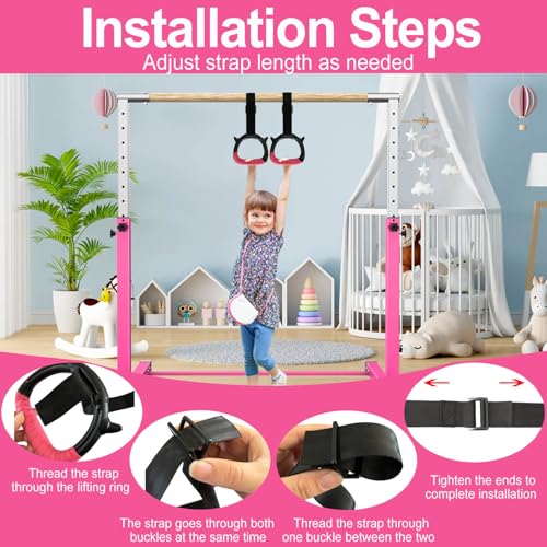 Tepemccu Gymnastics Rings for Kids, Pull Up Rings for Strength Training | with Adjustable Straps, Home Gym Full Body Workout - color: Pink