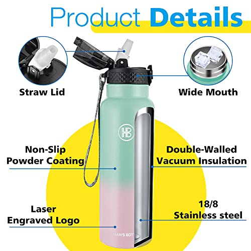 Han's Bottle Sports Water Bottle - 24 Oz, Straw Lid, Leak Proof, Vacuum Insulated Stainless Steel, Double Walled, Thermo Mug,Bubble Gum - color: Bubble Gum, size: 24 Ounces