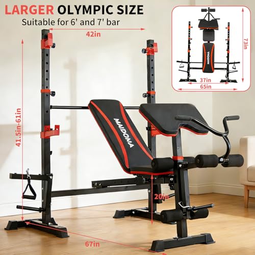 MAIDOMA 1500LBS Foldable 8 IN 1 Weight Bench Set, Adjustable Flat Incline Decline Bench Press with Upgraded Wide Squat Rack and Leg Extension for Full Body Home Gym Workout (US Stock) - color: coral red