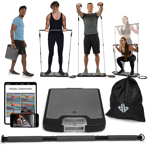 EVO Gym - Portable Home Gym Strength Training Equipment, At Home Gym | All in One Gym - Resistance Bands, Base Holds Gym Bar & Handles for Travel | Portable Gym & Home Exercise Equipment - style: Advanced - 8 Bands (220 Pounds)