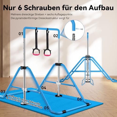 WATBKHE Gymnastics Bar Adjustable & Foldable Training Kip Bar with Rings and Mats, Sturdy Gymnastics Horizontal Bar, Gymnastics Equipment for Home Practice, Blue