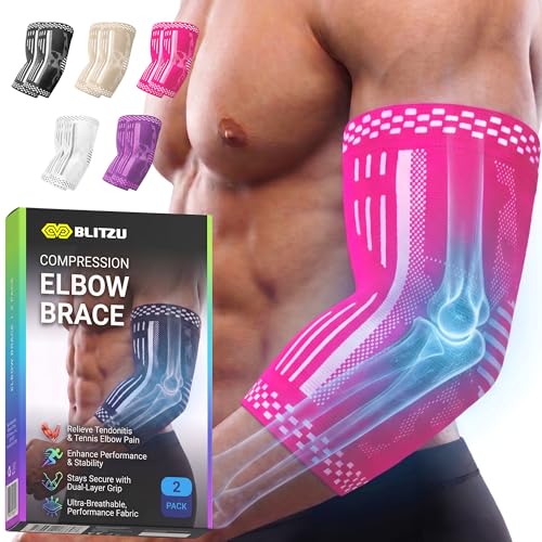 BLITZU Elbow Compression Sleeve for Tendonitis, Tennis Elbow Brace 2 Pack S | Targeted Arm Support, Joint Stability, Muscle Recovery, Workout Protection, Tendonitis & Arthritis Relief, All-Day Comfort - color: Pink, size: Small