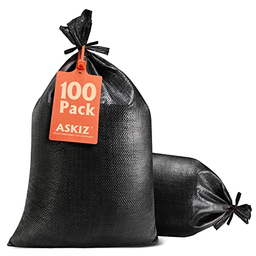 ASKIZ Heavy Duty Sand Bags with UV Protection - 16" x 25.5" Ultra Tough Polypropylene Sandbags for Hurricane Flooding (Black 100 Bags) - color: 100 PACK