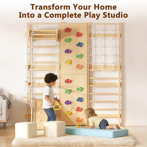 Cofiyard 9-in-1 Swedish Ladder Wall Gym & Climber, 94.5'' Wooden Wall-Mounted Climbing Set with Double-Sided Slide, Swing, Rope, Rings, Monkey Bars, Kids Indoor Playset, Wooden Climbing Jungle Gym