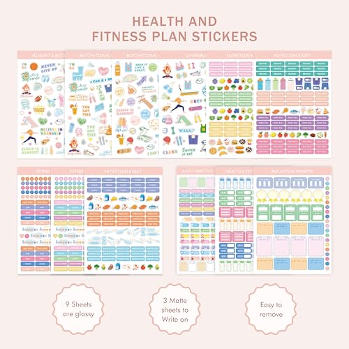 BIROYAL 12 Sheets Workout & Fitness Stickers - 1000 Wellness Health Stickers for Women - 9.5”x6.7” - Exercise Sticker for Fitness Planner, Workout Journal - Perfect for Weight Loss, Exercise Goals