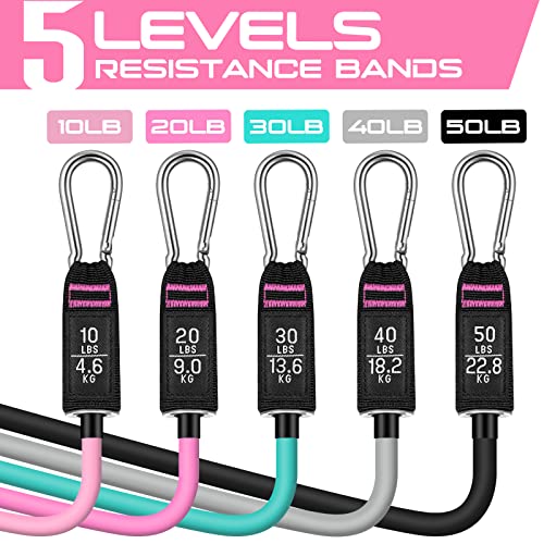 RENRANRING Resistance Bands for Working Out, 150LBS Exercise Bands, Workout Bands, Resistance Bands Set with Handles for Men Women, Legs Ankle Straps - color: Black, Gray, Blue, Medium pink, Pink, size: 51.0 inch (Pack of 2)