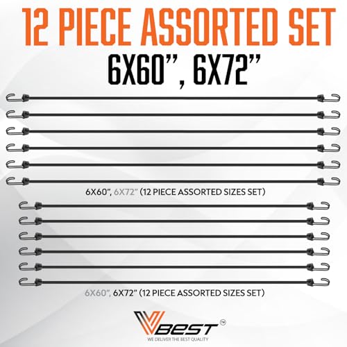 Extra Long Bungee Cords with Hooks - 12Pcs Bungees Set 6x60-6x72 | UV & Weather Resistant Strong Bungie Chords - Black Bunjee Straps - Large Bungy Cord Set 200lb Strength - size: 6x60” - 6x72” (12 Piece)