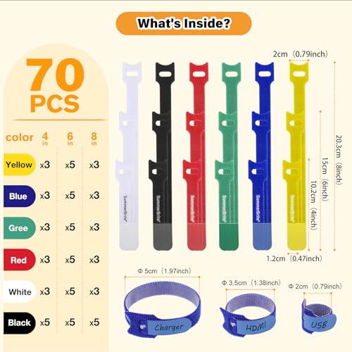 SummerBrite 70 Pack Assorted Cable Ties (4, 6, 8 Inch) Multi-Color with Writable Labels, Reusable Cord Organizer Straps, Hook & Loop Wire Management for Electronics, Home Office, PC Desk & Travel - color: Multicolored, size: 4IN+6IN+8IN