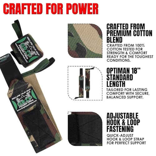 Grip Power Pads Wrist Wraps 2 Wraps for Weight Lifting Wrist Support Cotton Wraps Gym Bandage Straps for Men & Women Premium Quality & PRO Rubber - color: Camouflage, size: 18""