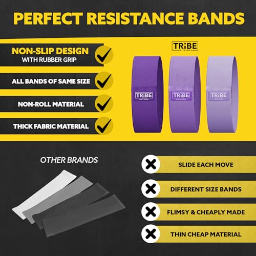 Tribe Lifting Resistance Bands for Working Out - 3 Pack Fabric Workout Bands for Women and Men - Booty Bands for Legs and Glute - Non Slip Exercise Bands Set for Squat Hip Thigh - color: Purple