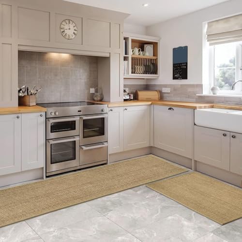 Artoid Mode Washable Non-Skid Kitchen Rugs and Mats Set of 2, Rubber Backing Absorbent Kitchen Mats for Floor Front of Sink Hallway - 17x29 and 17x60 Inch - color: Linen, size: 17" x 29" /17" x 60"