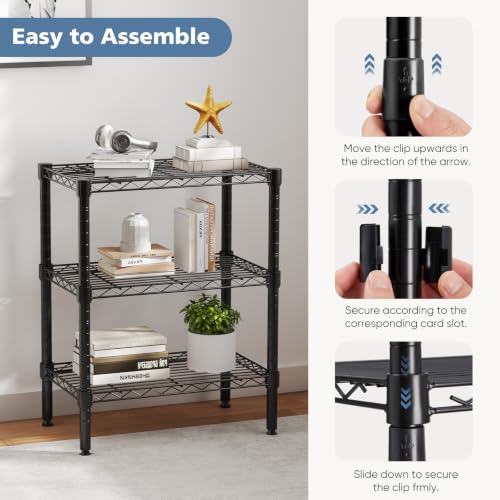 DUMOS 3-Tier Metal Wire Storage Shelves, Adjustable Standing Storage Rack Shelf, Heavy Duty Steel Shelving Unit Organizers for Kitchen Bathroom Pantry Garage, 23.3" Wx13.4 Dx30.2 H, Black - size: 3 Tiers-30.2"H without wheels