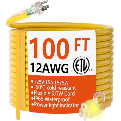 HUANCHAIN 12/3 Gauge Heavy Duty Outdoor Extension Cord 100 ft Waterproof with Lighted end, Flexible Cold-Resistant 3 Prong Electric Cord Outside, 15Amp 1875W 12AWG SJTW, Yellow, ETL - color: Yellow, size: 100FT