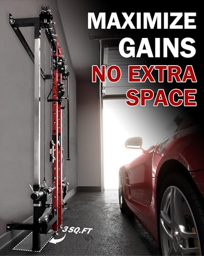 Mikolo Folding Squat Rack, Wall Mounted Power Rack with Cable Crossover Machine & LAT Pull Down, Functional Trainer with 5 Adjustable Function Modes, Home Gym Package - color: Red, size: WR00 Package (BP 230LB & Bar & Bench)