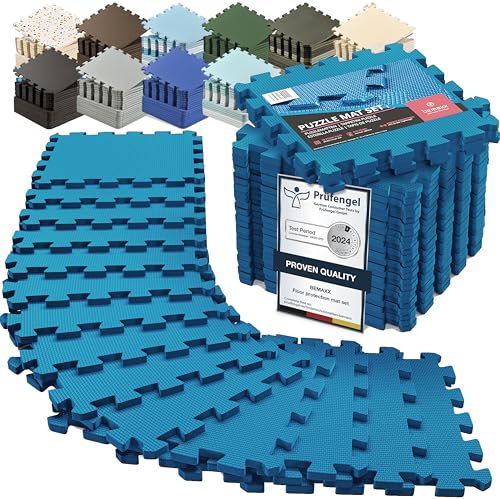 bemaxx Gym Mats Set - 18 pcs EVA Interlocking Foam Floor Tiles (12.6"x12.6"x0.4") 18sqft Protective Gym Flooring Sports Home Workout Exercise Mats Puzzle Garage Fitness Play-Room Pool Treadmill Bike - color: Sky Blue, size: 18 Tiles | 18 sq ft