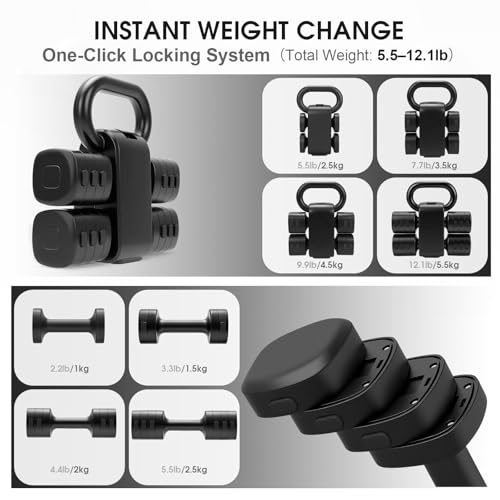 Adjustable 2-in-1 Convertible Kettlebell & Dumbbells Set, 4 in 1 Free Weights Dumbbell Set of 2, Each 2.2 3.3 4.4 5.5lb Quick Change Women Dumbbell Set for Home Exercise Training - color: Black