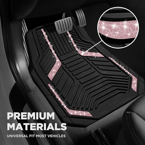 PIC AUTO Car Floor Mats, Pink Sparkly Crystal Bling Glitter Car Mats Set, Front and Rear Heavy Duty Rubber Car Mats with Anti-Slip Backing, All Weather, Trim-to-Fit for SUVs, Trucks, Sedan, Vans - color: Pink Glitter
