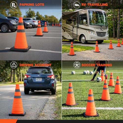 BATTIFE 18 inch Collapsible Traffic Safety Cones Orange Plastic Base 4 Pack | Collapsible folds flat, reflective strips, sturdy PVC, lightweight,ideal for parking, driving, construction, emergencies - size: 18inch
