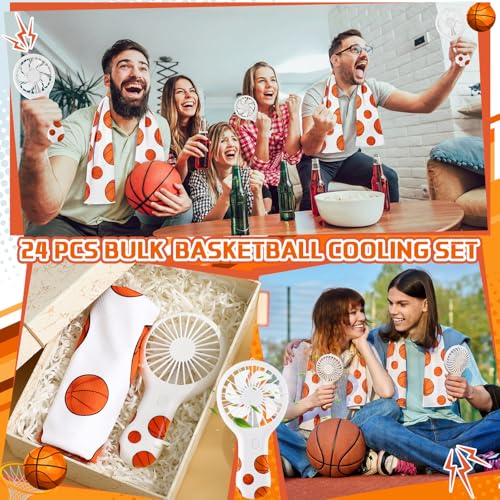 Woanger 24 Pcs Basketball Cooling Towels and Fans Sets Mini Handheld Fans Bulk 3 Speeds USB Lash Towel for Sporting Basketball Gifts for Team Games Party Favor - style: Basketball