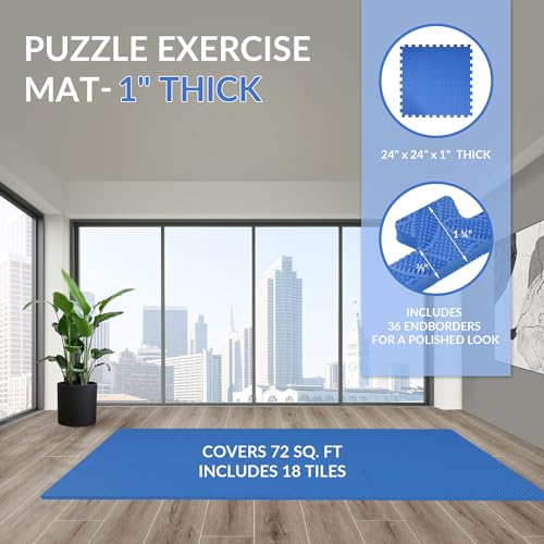 Fitvids Puzzle Exercise Gym Flooring Mat, 1" Thick High-Density EVA Interlocking Tiles, Workout Mat for Home Gym, Fitness Equipment, MMA, Gymnastics, 18-Piece Shock-Absorbing Exercise Mat (72 Sq Ft) - color: Navy, style: 1" Thick, 18 Tiles (72 Sq Ft)