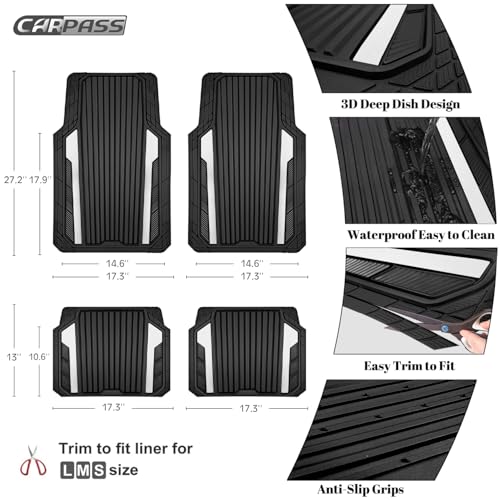 CAR PASS Heavy Duty Rubber Car Mats Metallic,Aluminum Film All Weather Floor Mats Waterproof Universal Trim to Fit SUVs Sedans Vans 4 Piece Anodized Deep Dish Two-Tone Sporty Black White Chrome - color: Black White