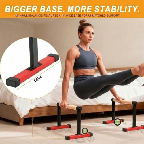 Wooden Parallel Bars 20" Length 12" Height,Dip Bar with Thick Beech Handles, Push-up stands for Handstand, L-Sit, Gymnastics, Strength Training Home Gym,Anti-slip Mats, Easy to Install,700lbs - color: Red