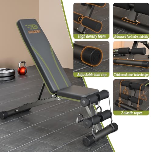 Fitgoods Adjustable Weight Bench for Home Gym, Foldable 700LBS Workout Bench with 9 Backrests, Multi-Purpose Bench Press for Incline Decline Flat with Fast Adjustment (2 resistance bands)