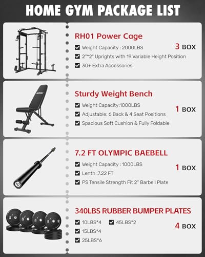 RH01 Power Cage Rack, 2000LBS Squat Rack with with Cable Crossover System&LAT Pull Down System, Multi-Function Workout Cage for Home&Garage Gym - color: Black, size: RH01 Power Cage with 340LB Weights