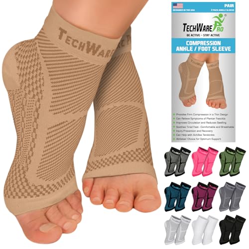 TechWare Pro Ankle Brace Compression Sleeve - Plantar Fasciitis Sock. Relieves Achilles Tendonitis. Foot Arch Support Reduces Joint Pain, Swelling & Heel Spur Pain. Injury Recovery Braces for Sports - color: Beige, size: XXL (see size chart)