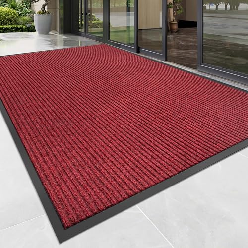 100pointONE Front Door Mat, Heavy Duty Indoor Outdoor Doormat, 48" x 24" Low Profile Outdoor Mats for Home Entrance, Stain and Fade Resistant Welcome Mat Ideal for High Traffic Area, Red - color: Red Striped, size: 2' x 4' (Rectangular)