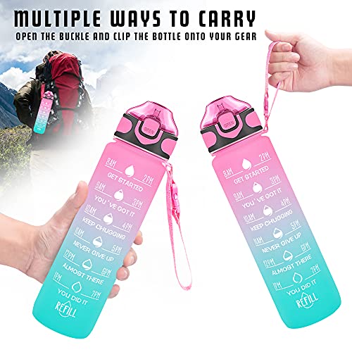 Enerbone 32 oz Drinking Water Bottle with Times to Drink and Straw, Motivational with Carrying Strap, Leakproof BPA & Toxic Free, Ensure You Drink Enough Water for Fitness Gym Outdoor - color: Pink-Green