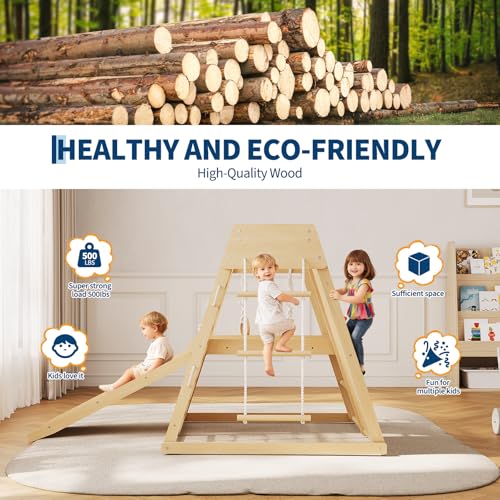 6-in-1 Indoor Playground Jungle Gym Kids Climbing Toys, Wooden Climber Playset with Slide, Climbing Rock, Monkey Bars, Climb Net, Climbing Rock, Rings, Christmas Toys for Kids, Natural