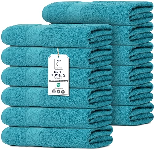 Commercial Bulk Pack of 12 Bath Towels – 100% Cotton Terry 24" x 48" – Ideal for Hotels, Salons, Gyms, Spas & Institutional Use – Teal Blue - color: Teal, size: 24"x48" - PK 12
