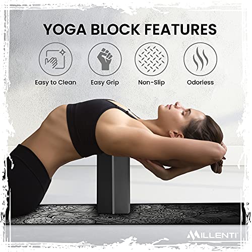 Millenti Gray Black Yoga Block Yoga Brick - Sold as Single EVA Foam Block, Bevelled Edge, Non-Slip, Latex-Free Block with a Workout Chart 9x6x4” - color: Gray