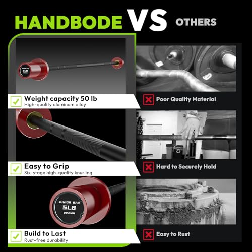 HANDBODE 5lb Mini Barbell, 4 ft Short Beginner Bar for Women Boys&Girls - color: 4 ft Mini Bar, 5 lb, 50 lb, 22.2mm, Black & Red