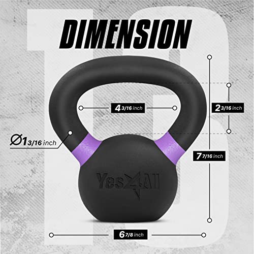 Yes4All Powder Coated Kettlebell, Cast Iron Core Kettlebells with Non-Slip Handle & Flat Bottom for Conditioning, Heavy Duty for Strength Training, 9lb to 71lb - Single & Pair - color: Purple, style: A. Single
