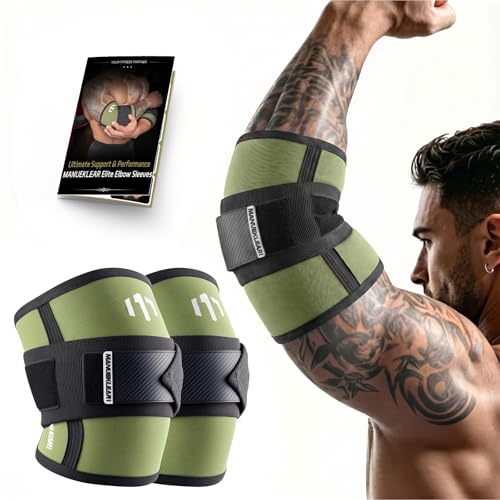 MANUEKLEAR Adjustable Compression Elbow Wraps for Weightlifting(1 Pair), Elbow Sleeves Weightlifting Men with Compression Band, 5mm Neoprene Elbow Strap for Weight Lifting and Bench Press - color: Olive Green, size: S(10.23-11.02 IN)
