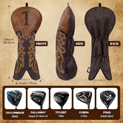 Craftsman Golf Cowboy Western Retro Brown Durable Golf Headcover Head Cover fits up to 460cc Driver for Fairway Wood Hybrids Rescue Putter Protector - style: Driver Headcover