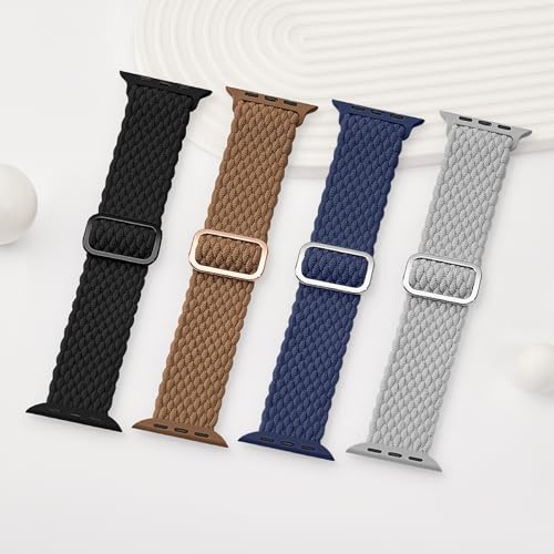 4 Pack Braided Stretchy Bands Compatible with Apple Watch 40mm 41mm 38mm 42mm 44mm 45mm 46mm 49mm Women Men, Breathable Nylon Elastic Daily Use Straps for iWatch Series 11/10 9 8 7 6 5 4 3 SE/Ultra 2 - color: Black/Brown/Blue/Titan Gray, size: 42mm(series