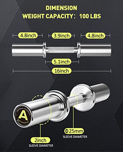 AboveGenius 16" Olympic Dumbbell Handles, Solid Steel Loadable Weight Bars for 2-Inch Plates, Adjustable Home Gym Strength Training Equipment (Includes 4 Spring Collars)