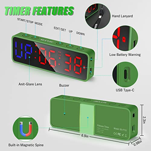 Portable Gym Workout Timer, Fitness Clock with The Rubber Case and Built-in Magnetic Spine, Large LED Digital Anti Vertigo Display, for Home Garage Schools (Black) - color: Green