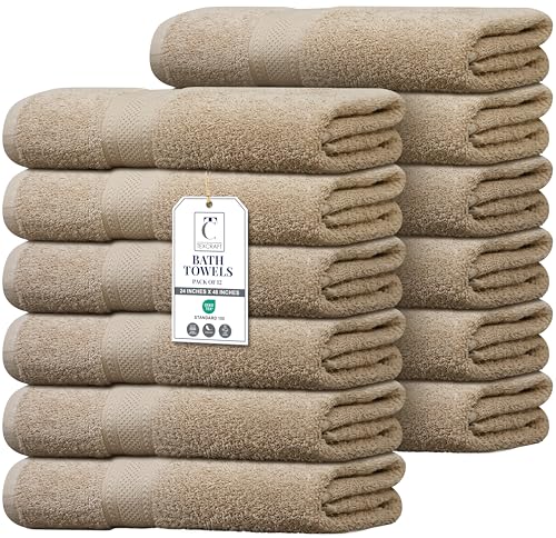 Commercial Bulk Pack of 12 Bath Towels – 100% Cotton Terry 24" x 48" – Ideal for Hotels, Salons, Gyms, Spas & Institutional Use – Beige - color: Beige, size: 24"x48" - PK 12