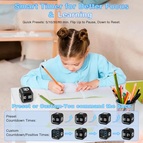 Cube Pomodoro Timer, Desk Productivity Timer 5/10/30/60 Minutes & Custom Countdown, Adjustable & Silent Visual Timer, ADHD Tool Flip Rotating Portable Multi Timers for Study Task Work Kitchen School - color: Black