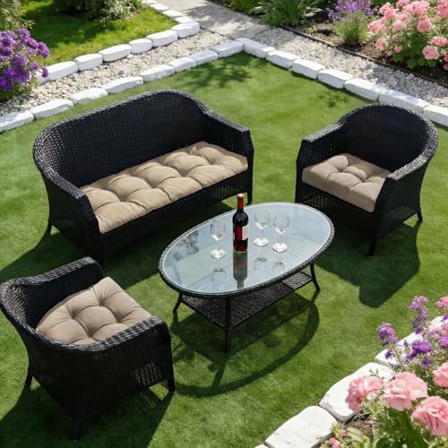 Wicker Chair Cushions of 3 Pieces, Waterproof Cushions for Patio Furniture, Tufted Wicker Outdoor Furniture Cushions, 1 Patio Loveseat Cushion and 2 U-Shaped Cushions, 44"x19"x5", Beige - color: Beige