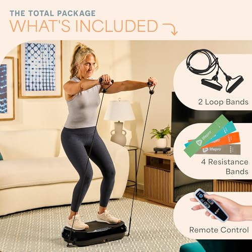 Lifepro Waver Mini Vibration Plate Exercise Machine with Resistance Bands | Compact Design, 99 Speed Levels, 10 Presets, Non-Slip Surface — Vibration Plate for Lymphatic Drainage, Full Body Workout - color: Black