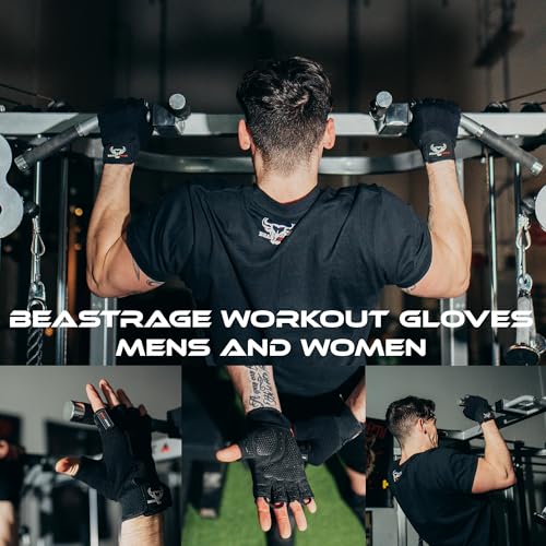 BEAST RAGE Workout Gloves for Men, Durable Palm Grip Gym Gloves Women Half Finger Elasticated Training Weight Lifting Strength Bodybuilding Anti Slip Cycling Gloves Exercise - color: Jet Black, size: X-Large