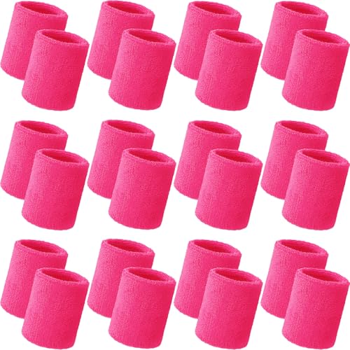 Bememo 24 Pcs Wrist Sweatbands Bulk Sports Wrist Bands for Men Women Breathable Athletic Tennis Wristbands Stretchy Absorbent Cotton Terry for Basketball, Baseball, Gym, Working Out - color: Neon Pink